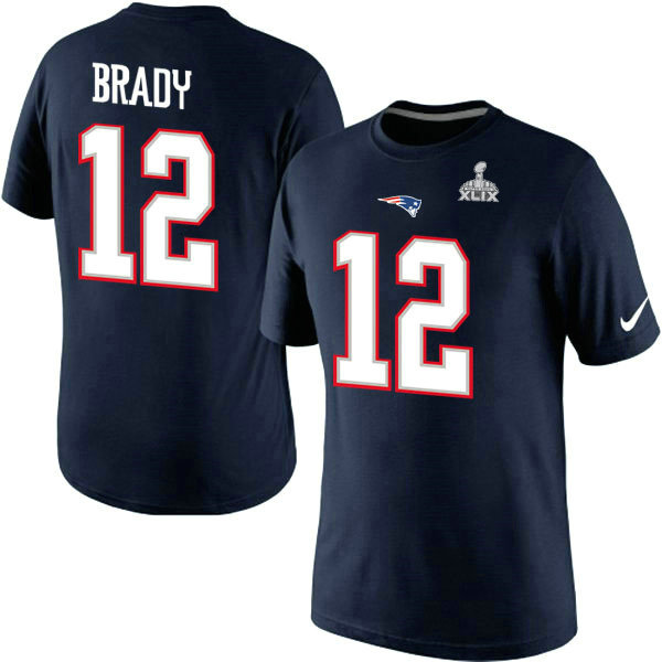 Nike New England Patriots #12 Tom Brady New Name & Number Super Bowl XLIX NFL T-Shirt - Navy Blue